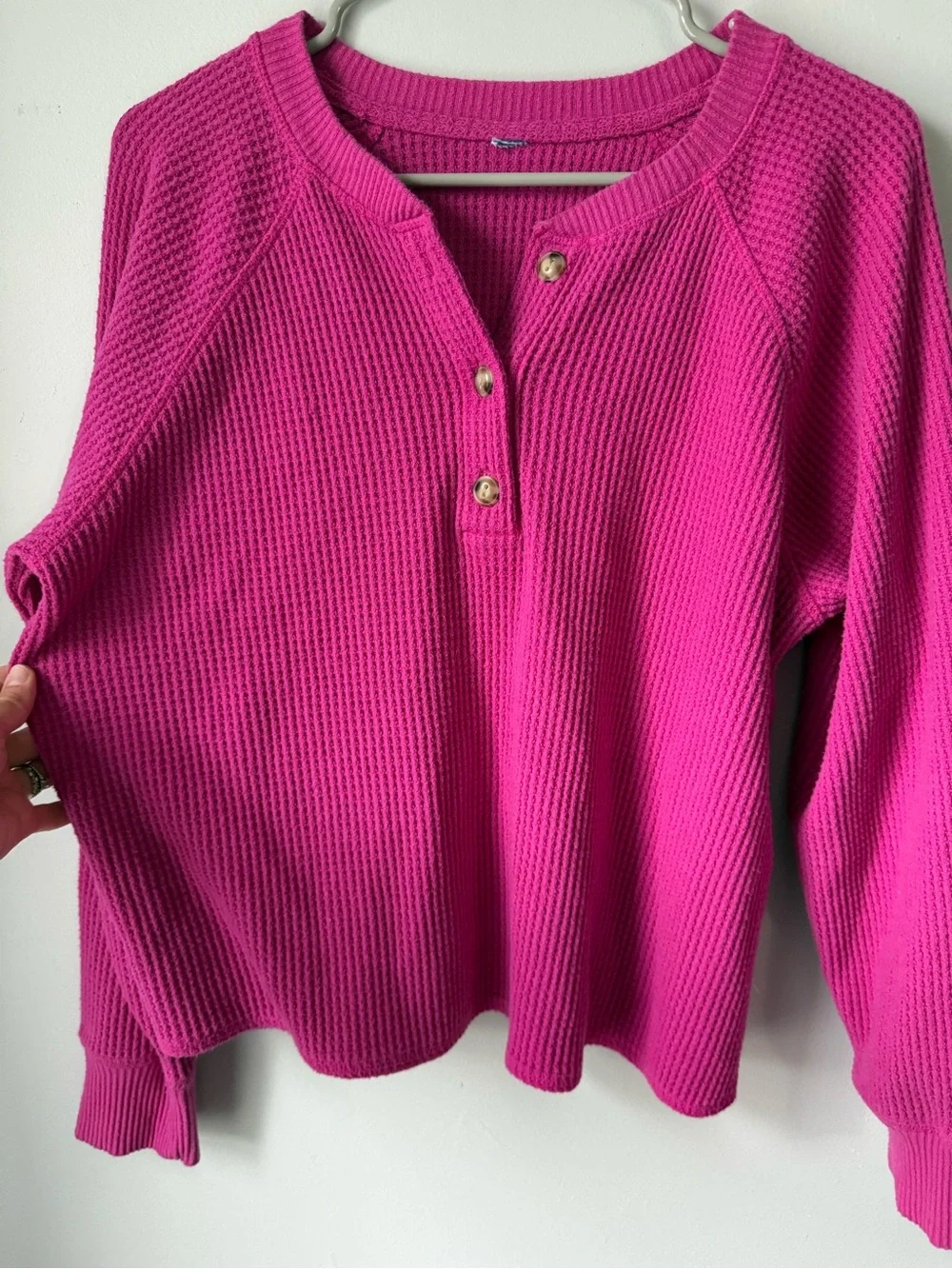 Old Navy Waffle Knit Henley Long Sleeve Top Bright Fuchsia Pink Comfy Size L - Picture 2 of 7